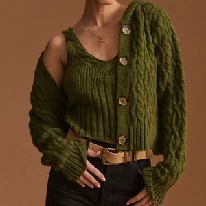 Anthropologie Hooded Cable Knit Sweater Set in a gorgeous green